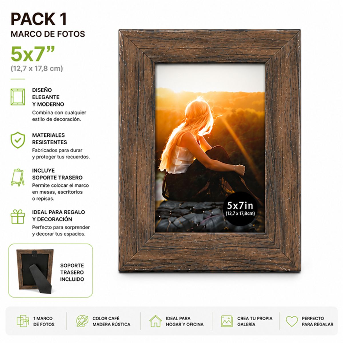 GENERICO - Marco de Fotos madera rustica  5x7 Decorativo  Portarretrato Elegante para Mesa y Hogar