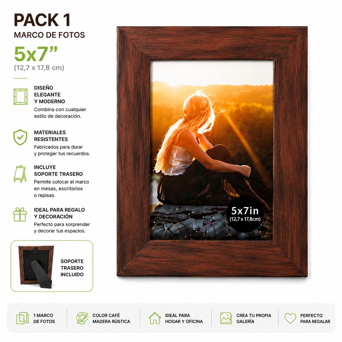 GENERICO - Marco de Fotos  cafe madera rustica  5x7 Decorativo  Portarretrato Elegante para Mesa y Hogar