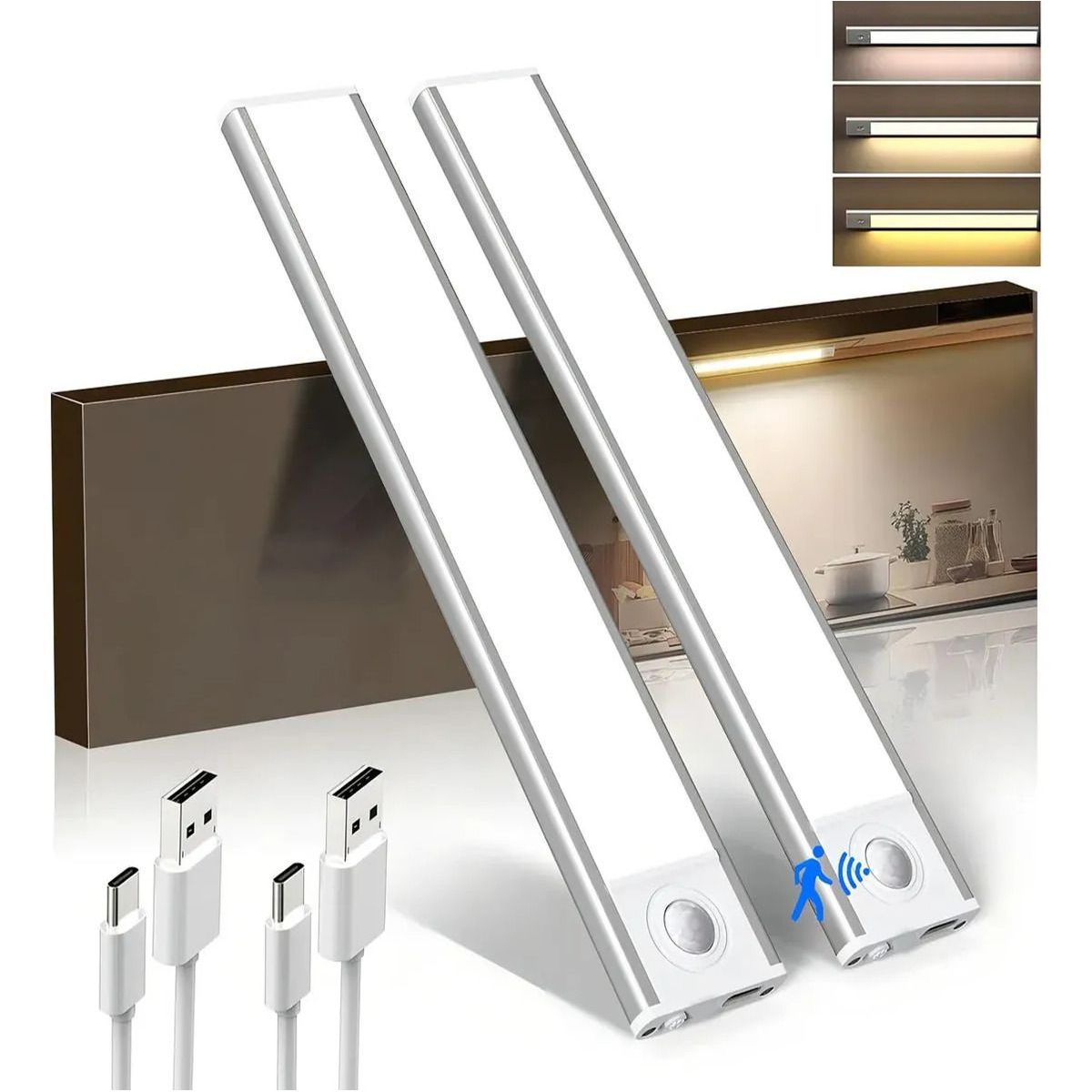 GENERICO - 2 Packs Lámpara Led Con Sensor Movimiento Usb Recargable Para Armario Hogar