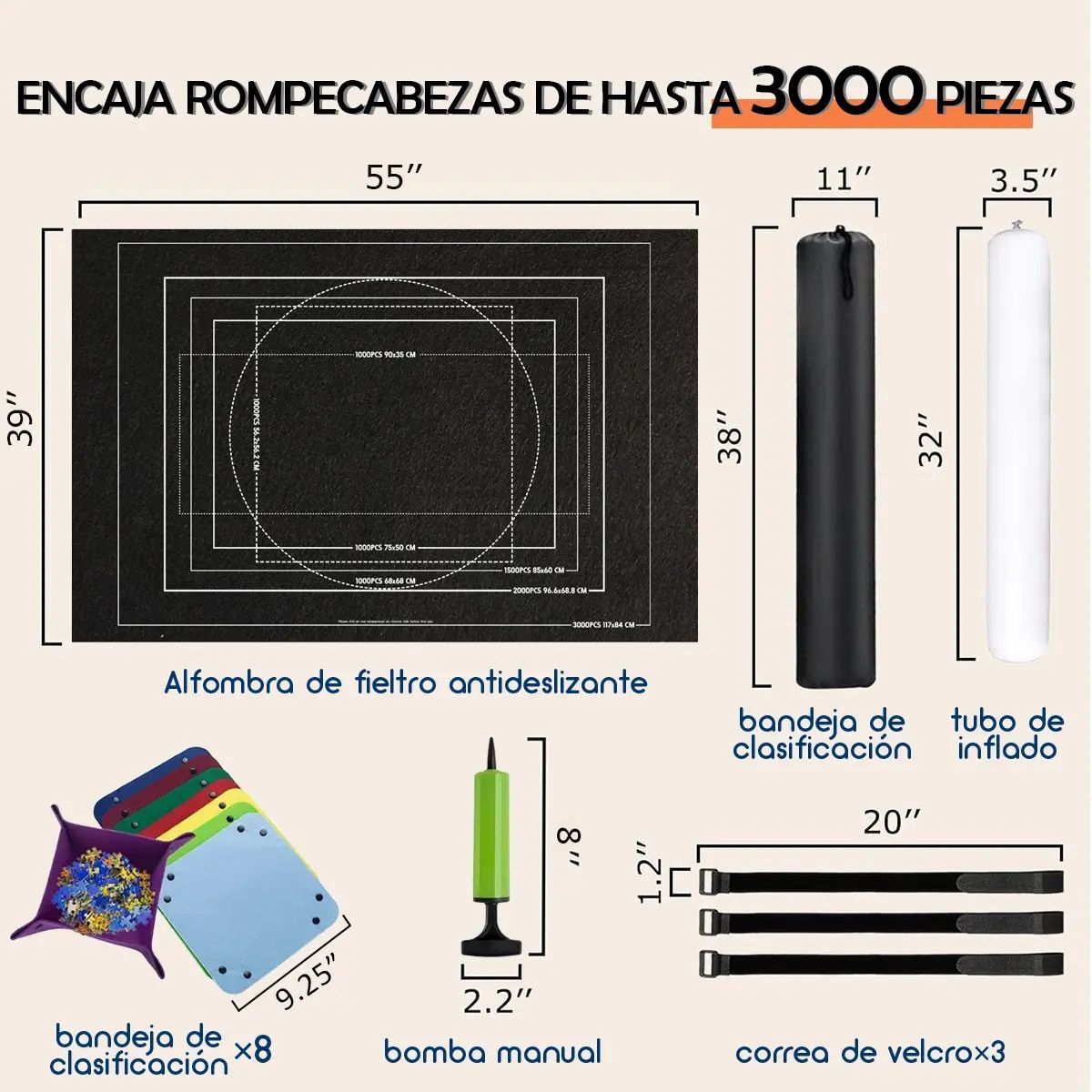 KUANGYE - Mat Para Puzzles 3000 Piezas Manta Rompecabezas 55 x 39 inch