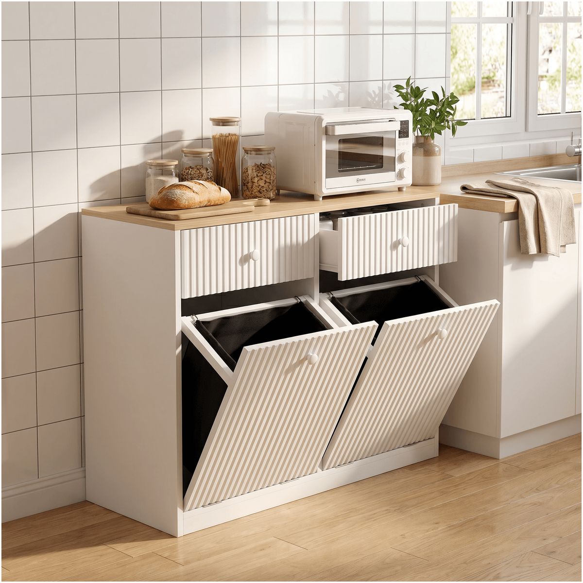 HOMER DESIGN - Mueble Cocina Depensa Aparador Comedor 2 Cestos Basurero para basura seca