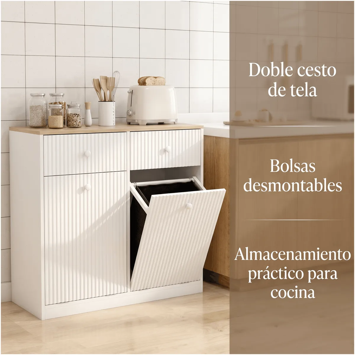 HOMER DESIGN - Mueble Cocina Depensa Aparador Comedor 2 Cestos Basurero para basura seca