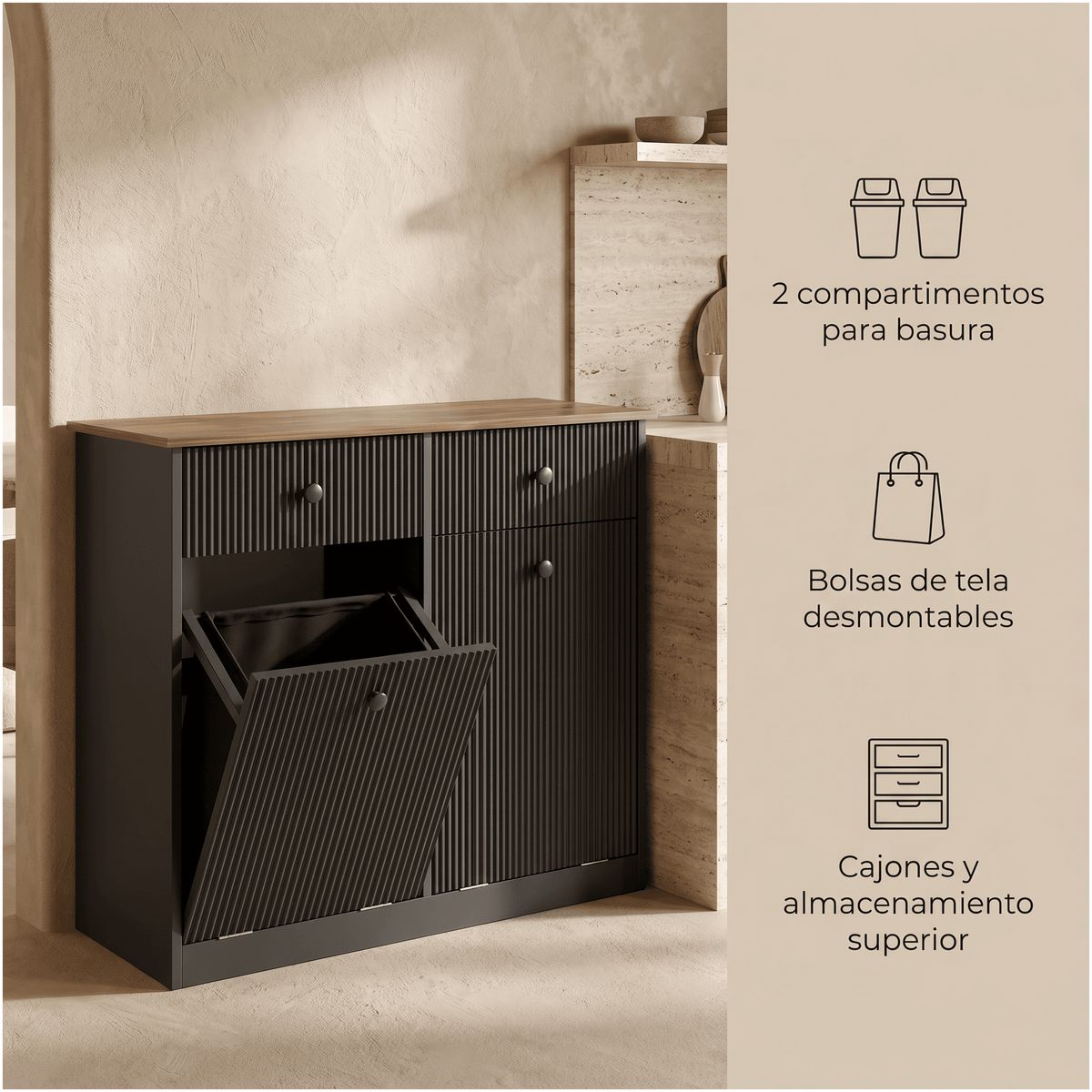 HOMER DESIGN - Mueble Cocina Depensa Aparador Comedor 2 Cestos Basurero para basura seca