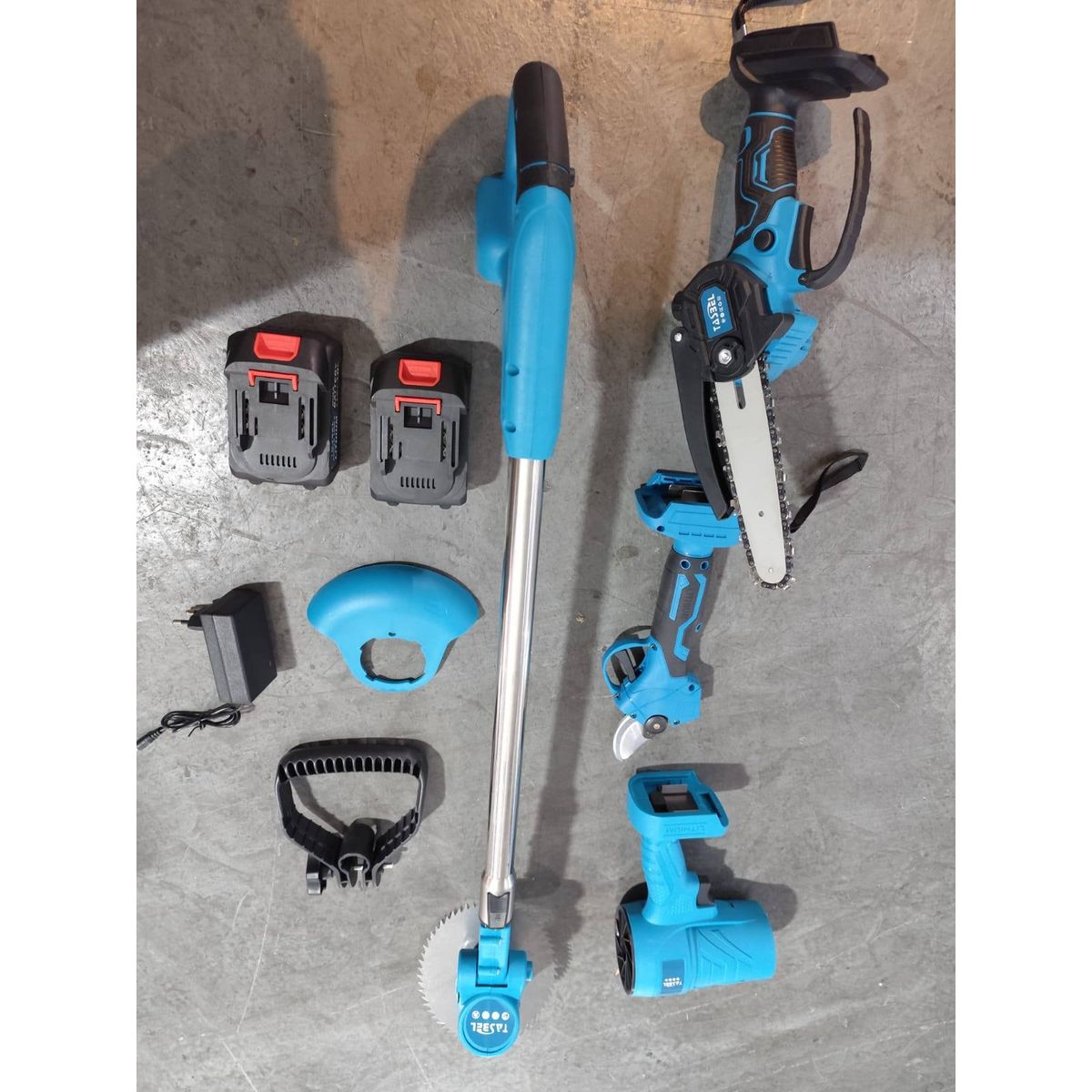MOVI - KIT DE JARDINERIA 6 EN 1, ORILLADORA, TIJERA, MINI MOTOSIERRA, SOPLADORA,2 CORTA SETOS Y BRAZO TELESCOPICO