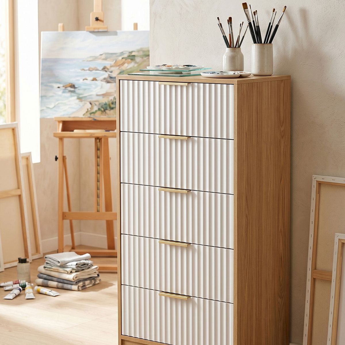 GENERICO - Cómoda lockers de 5 Cajones 50x30x100cm Biblioteca Acanalados Organizador Oficina Hogar Roble Rustico