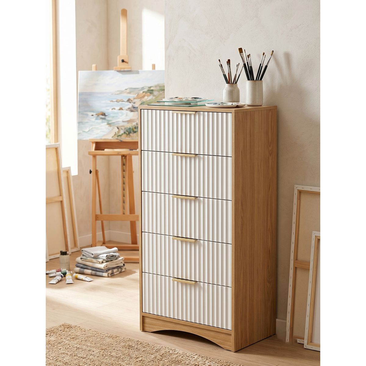 GENERICO - Cómoda lockers de 5 Cajones 50x30x100cm Biblioteca Acanalados Organizador Oficina Hogar Roble Rustico