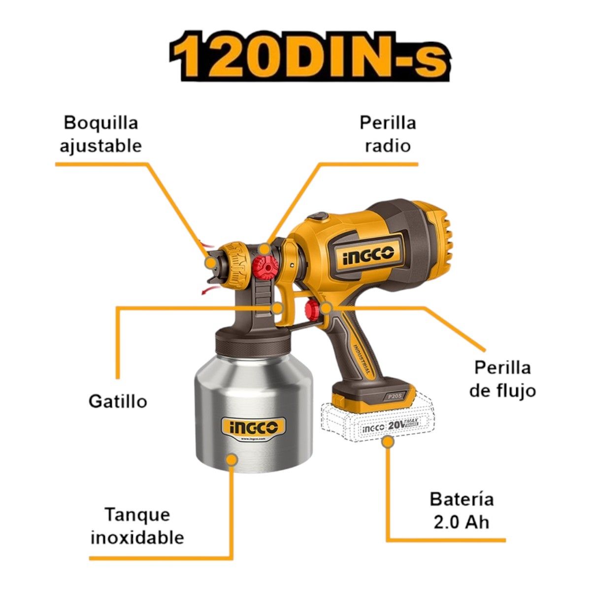 INGCO - Pistola De Pintar Inalambrica 120Din-s Bateria y Cargador por separado