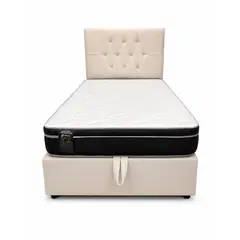 GENERICO - Cama 1 Plaza Capitone Crudo Baúl Multifuncional + Base + Respaldo + Colchon Mery Desing