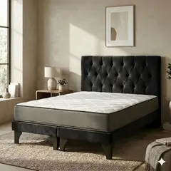 GENERICO - Cama Europea 2 Plazas Base Dividida + Respaldo Franjas Negro + Colchon