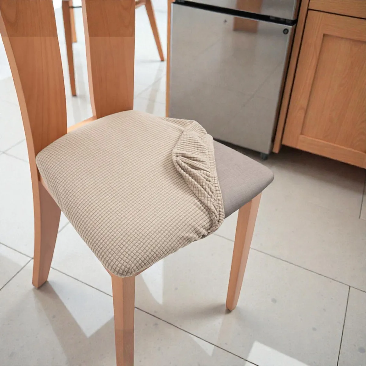GENERICO - Set De 6 Fundas Para Asiento De Sillas Elasticadas Texturizada Cuadrille Color Beige