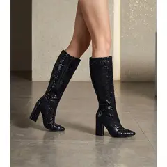 SNOOPY - Elegante Bota Negra con Brillo Para Mujer Taco Alto M642. Horma Pequeña