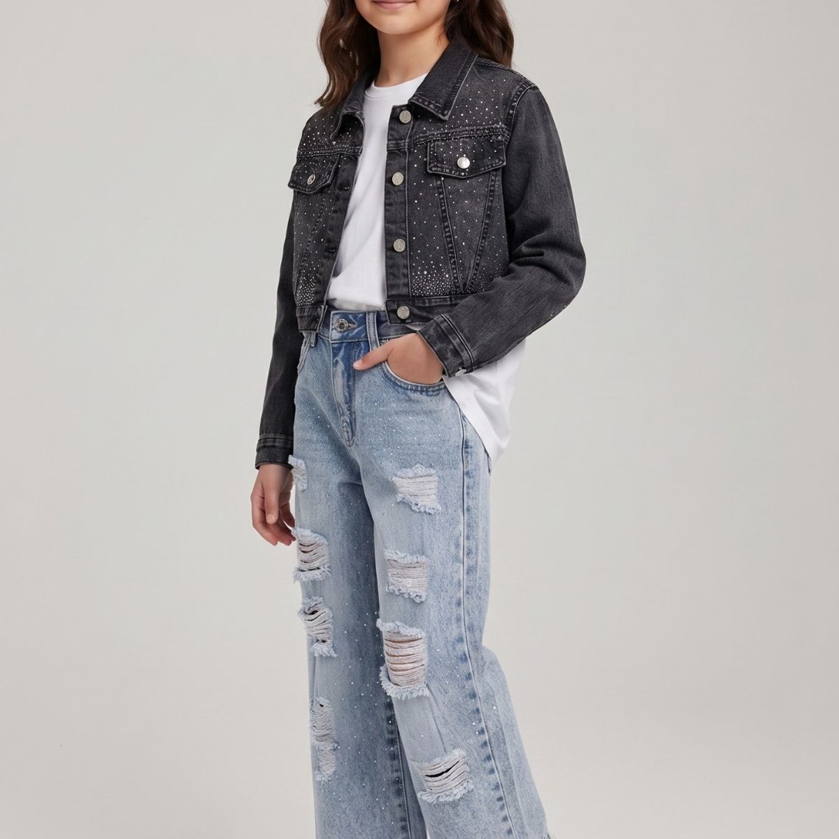 KIBOU - Chaqueta Jeans Con Brillo Niña Mezclilla Strass Corta