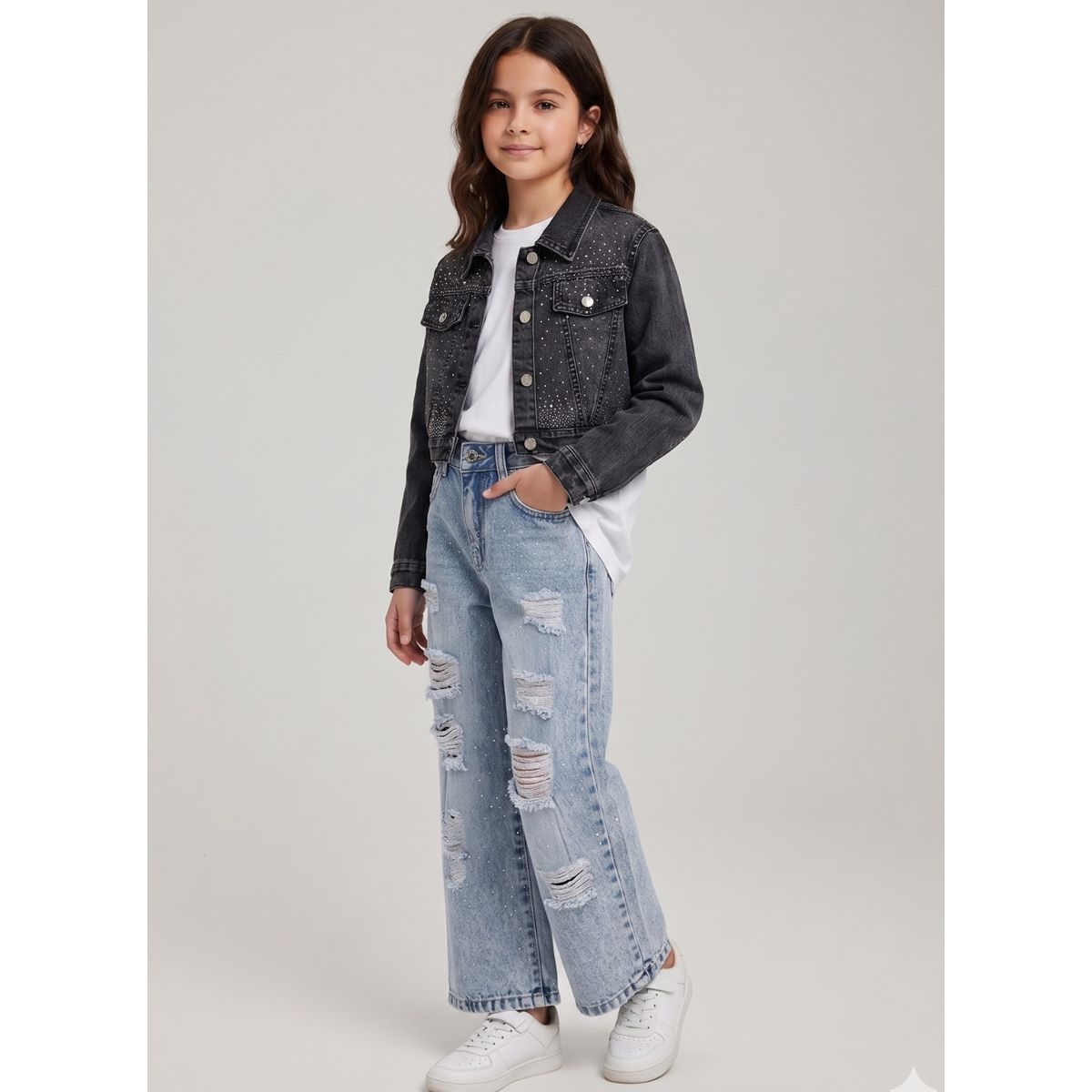 KIBOU - Chaqueta Jeans Con Brillo Niña Mezclilla Strass Corta