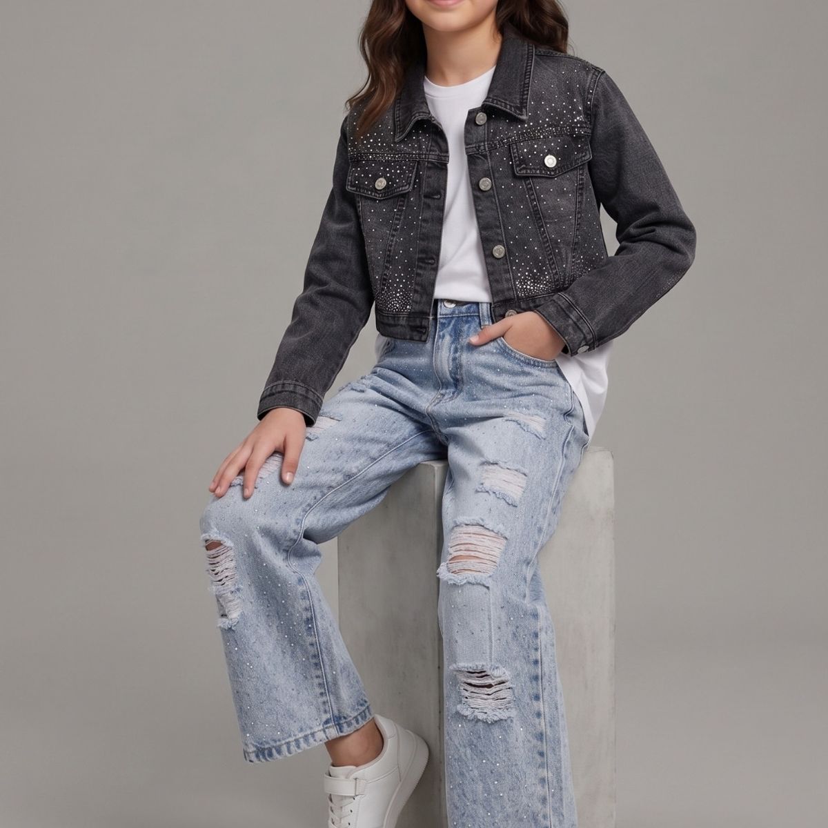 KIBOU - Chaqueta Jeans Con Brillo Niña Mezclilla Strass Corta