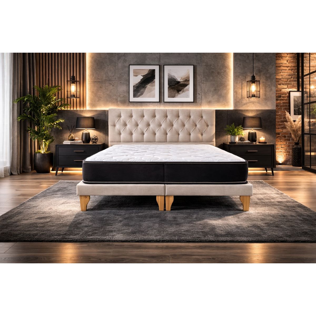 GENERICO - Cama Europea 2 Plazas Premium con Colchón Híbrido Bonell y Respaldo Capitoné Lino Beige
