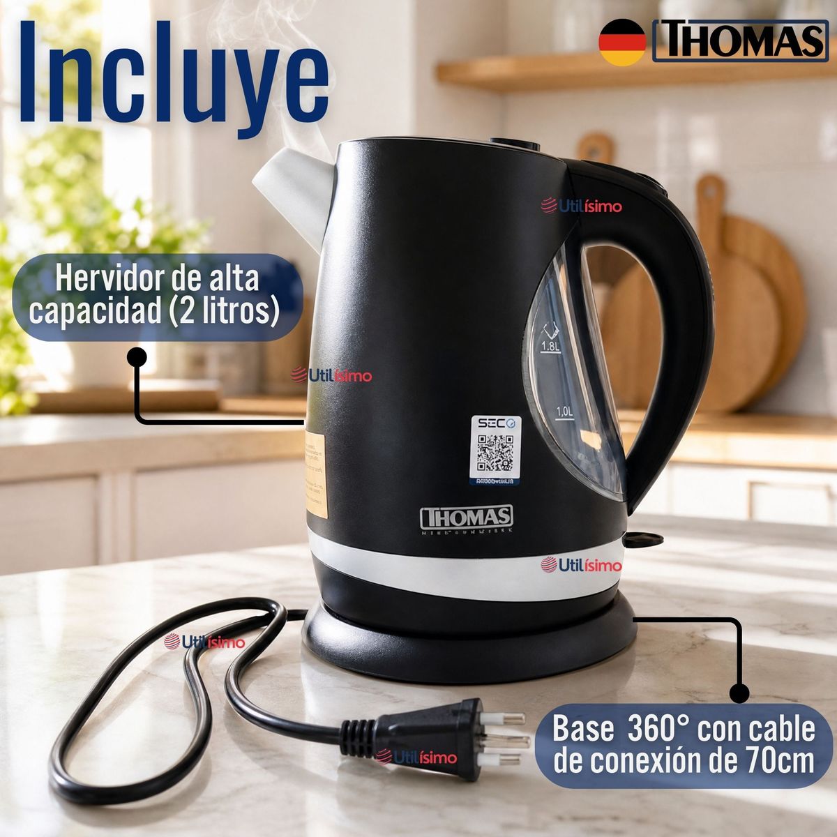 THOMAS - Hervidor Eléctrico Thomas 2lt Alta Potencia Tecnologia Alemana Negro