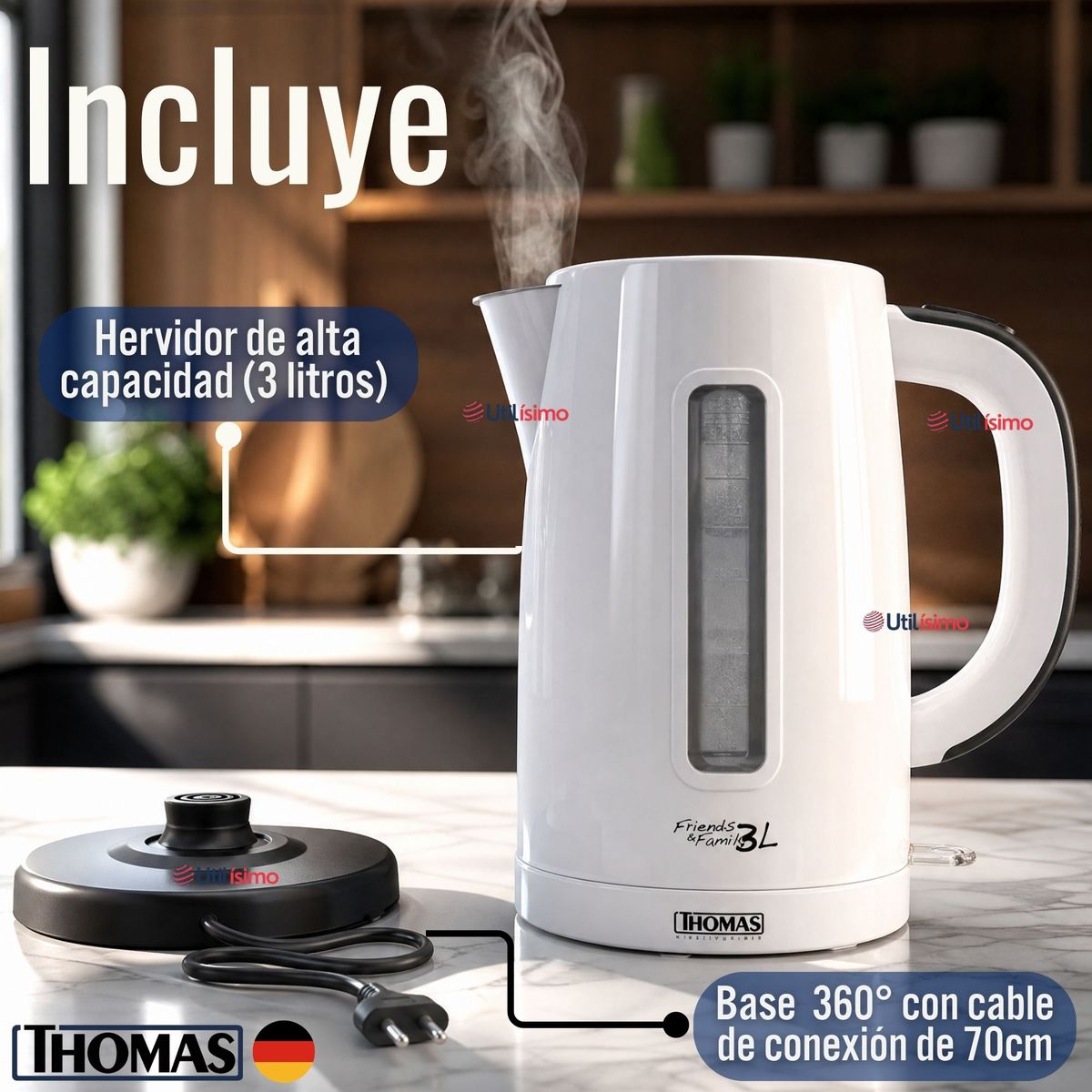 THOMAS - Hervidor Eléctrico Thomas 3lt  Alta Potencia Tecnologia Alemana Blanco