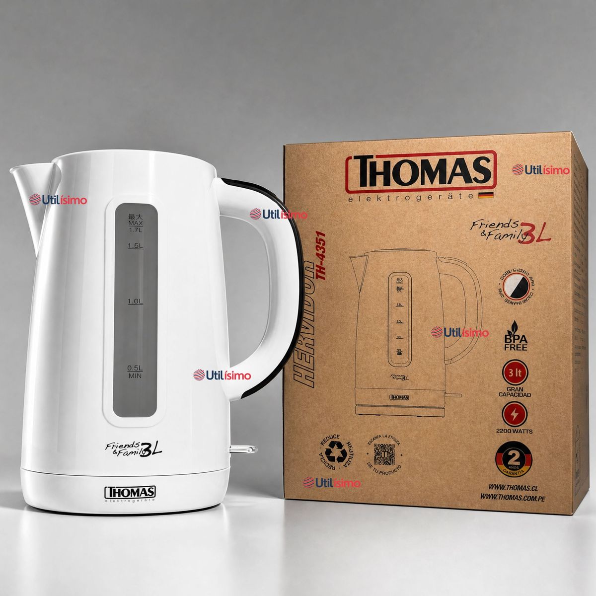 THOMAS - Hervidor Eléctrico Thomas 3lt  Alta Potencia Tecnologia Alemana Blanco