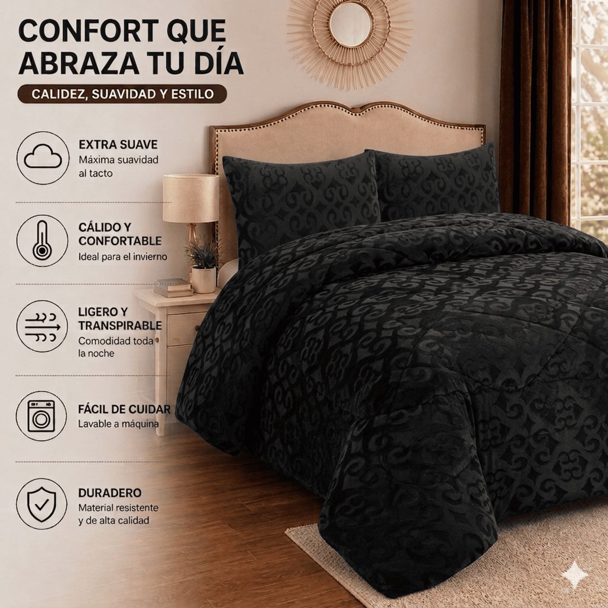 GENERICO - Plumón Cobertor Plush Chiporro 2 Plazas Invierno Suave Liviano Color Negro Estampado Geométrico