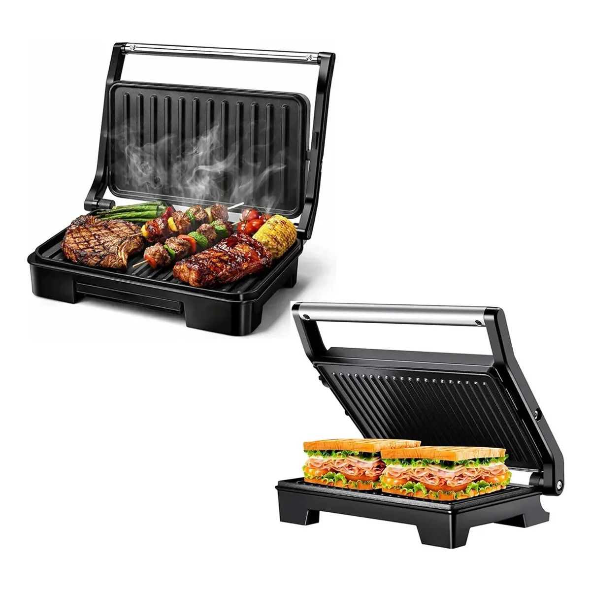 EVERSO - Sandwichera Grill Doble Nubeta Parilla 1000w Antiadherente Plateado