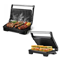 EVERSO - Sandwichera Grill Doble Nubeta Parilla 1000w Antiadherente Plateado