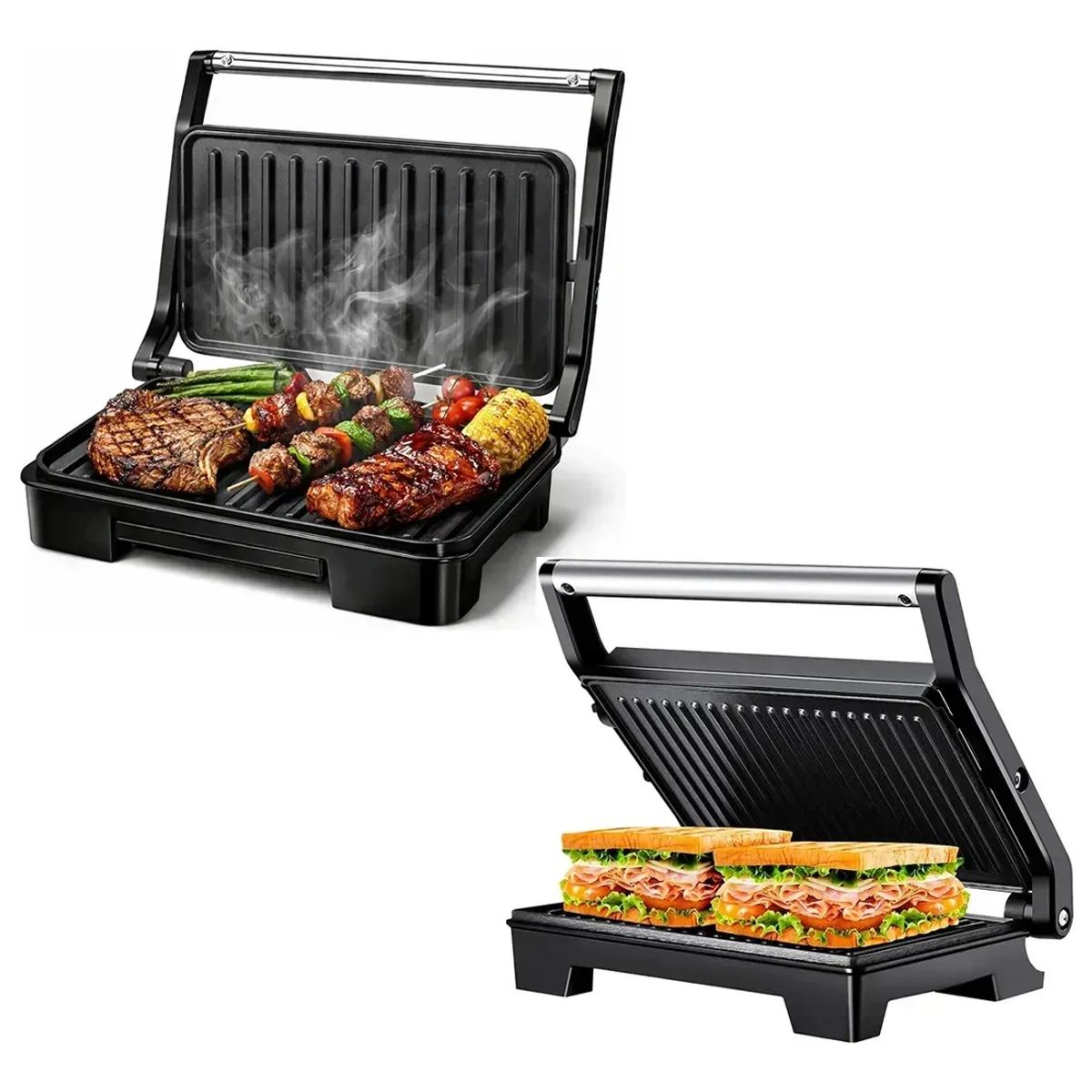 EVERSO - Sandwichera Grill Doble Nubeta Parilla 1000w Antiadherente Plateado