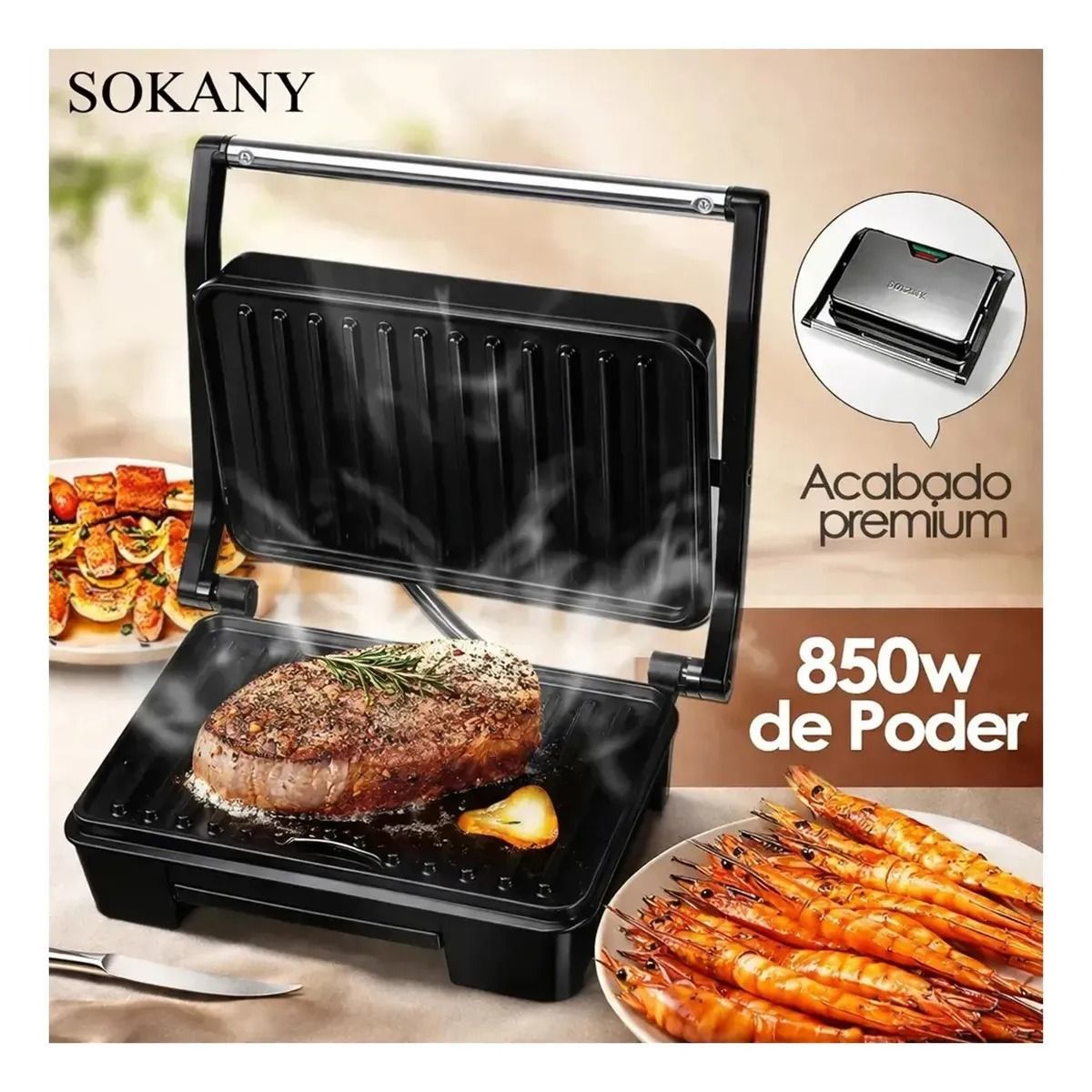 EVERSO - Sandwichera Grill Doble Nubeta Parilla 1000w Antiadherente Plateado
