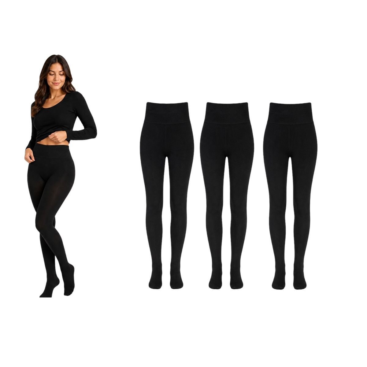 AAYO MODA - Pack 3 Panty Polar Mujer Negra Con Pie Termica Invierno