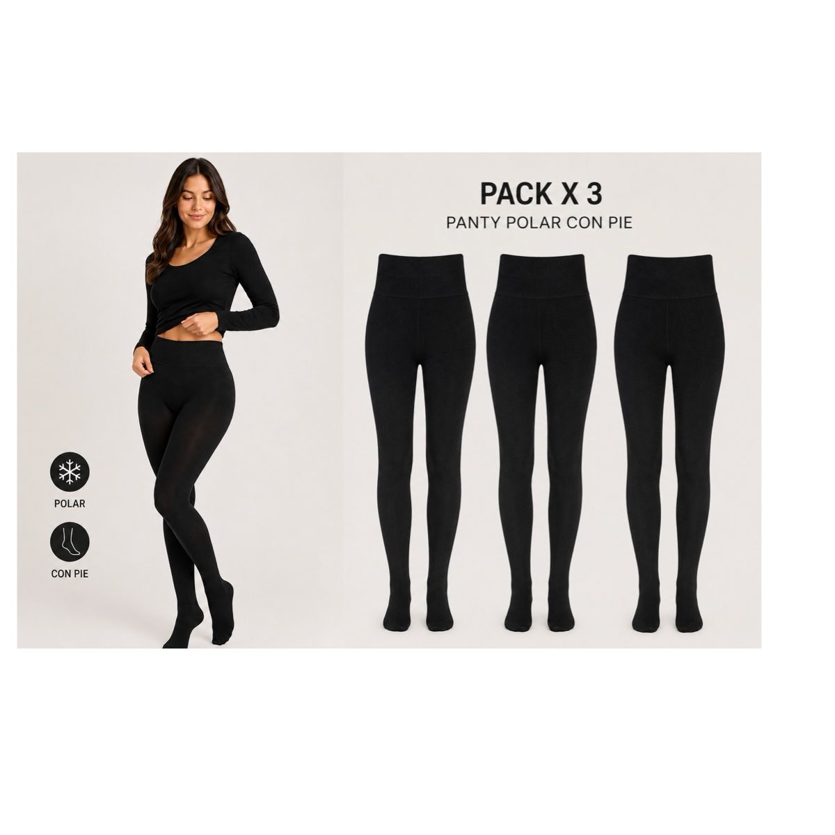 AAYO MODA - Pack 3 Panty Polar Mujer Negra Con Pie Termica Invierno
