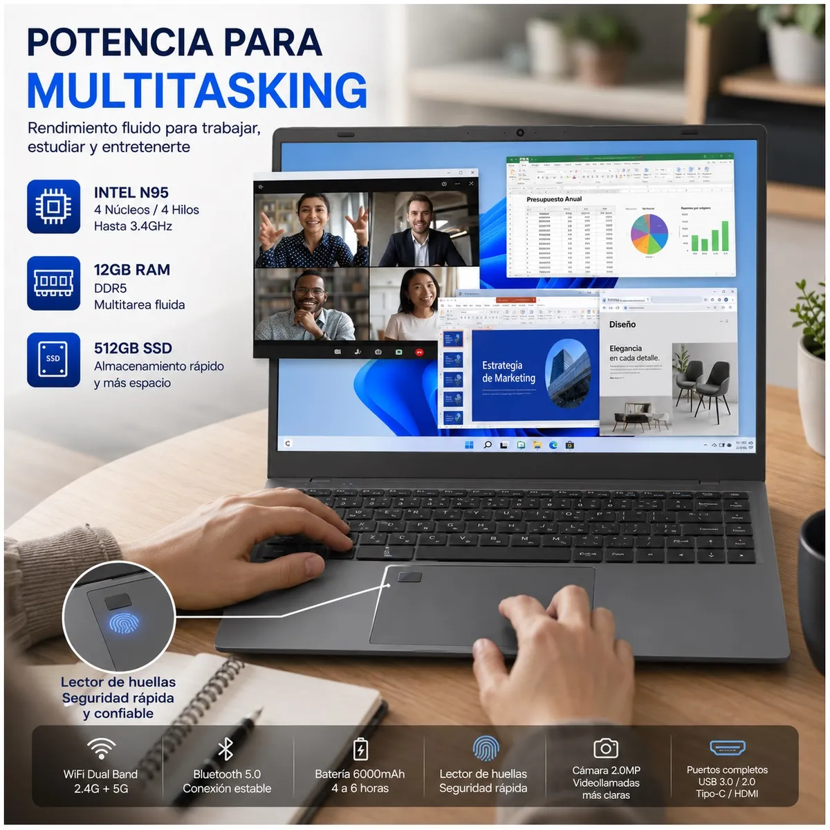 STARTECHOFFICE - Notebook 15.6” Full HD IPS Intel N95 12GB RAM 512GB SSD Windows11 Pro Estudio Oficina Trabajo Diario