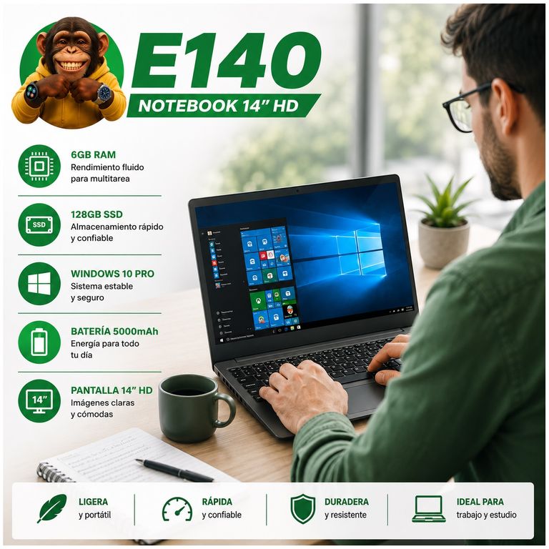 Notebook E140 HD 14 Pulgadas 2 Núcleos 6GB RAM 128 GB SSD ROM Windows 10 PRO 5000mAh WIFI BT
