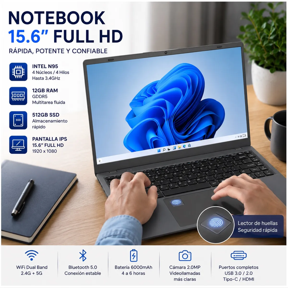 GENERICO - Notebook Profesional 15.6” Intel N95 12GB RAM 512GB SSD Full HD IPS Oficina Estudio Productividad