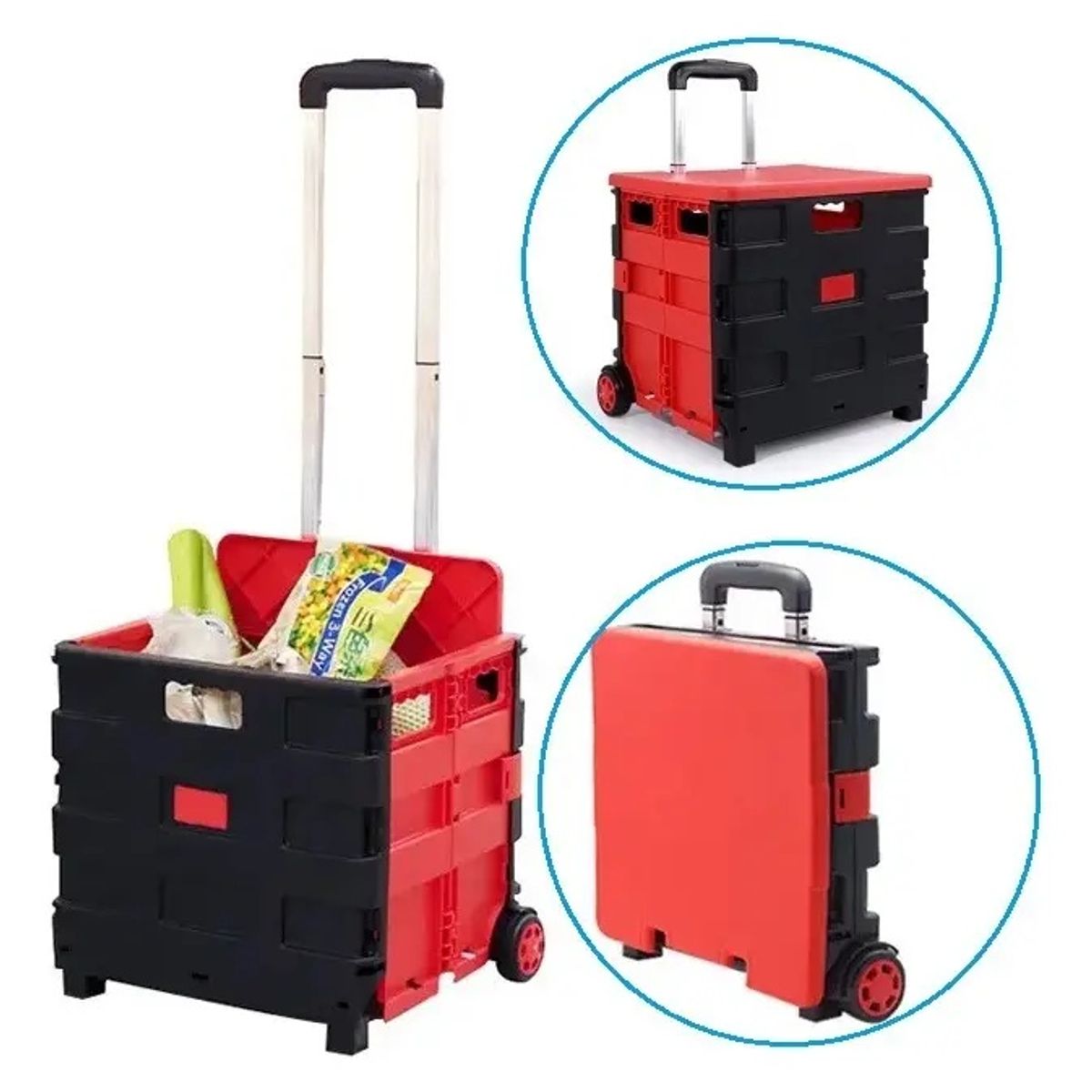 GENERICO - Carrito de Compras Plegable Plástico Rojo y Negro con Ruedas y Mango Telescópico