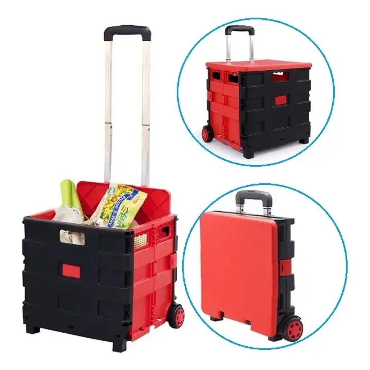 GENERICO - Carrito de Compras Plegable Plástico Rojo y Negro con Ruedas y Mango Telescópico