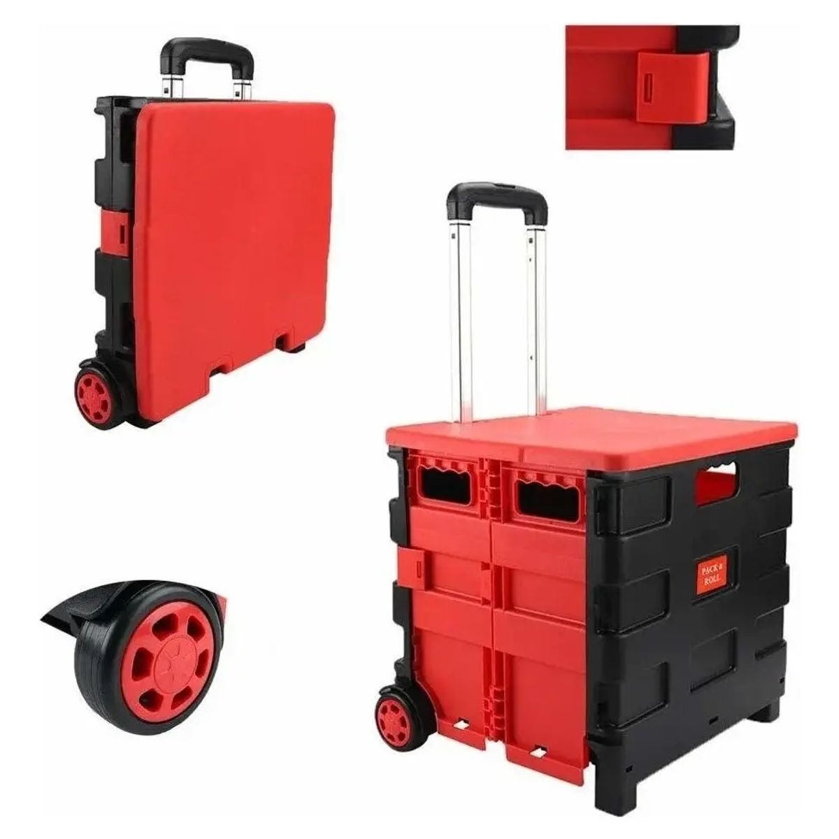 GENERICO - Carrito de Compras Plegable Plástico Rojo y Negro con Ruedas y Mango Telescópico