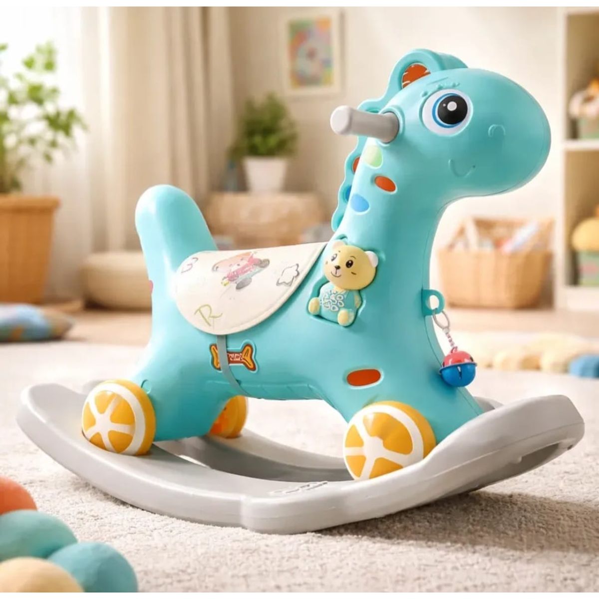 TOPBABY - Caballito Balancín Y Correpasillos 2 En 1 De Color  Azul Con Diseño De Jirafa.