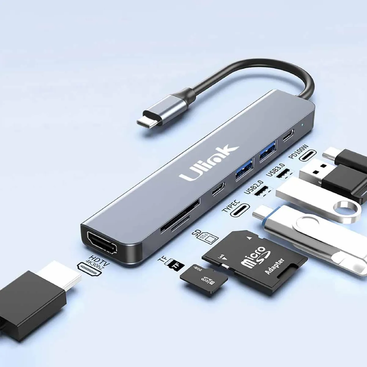 Adaptador Multifunción USB-C 7 en 1 HDMI 4K PD Ulink, marca ULINK - Foto 2