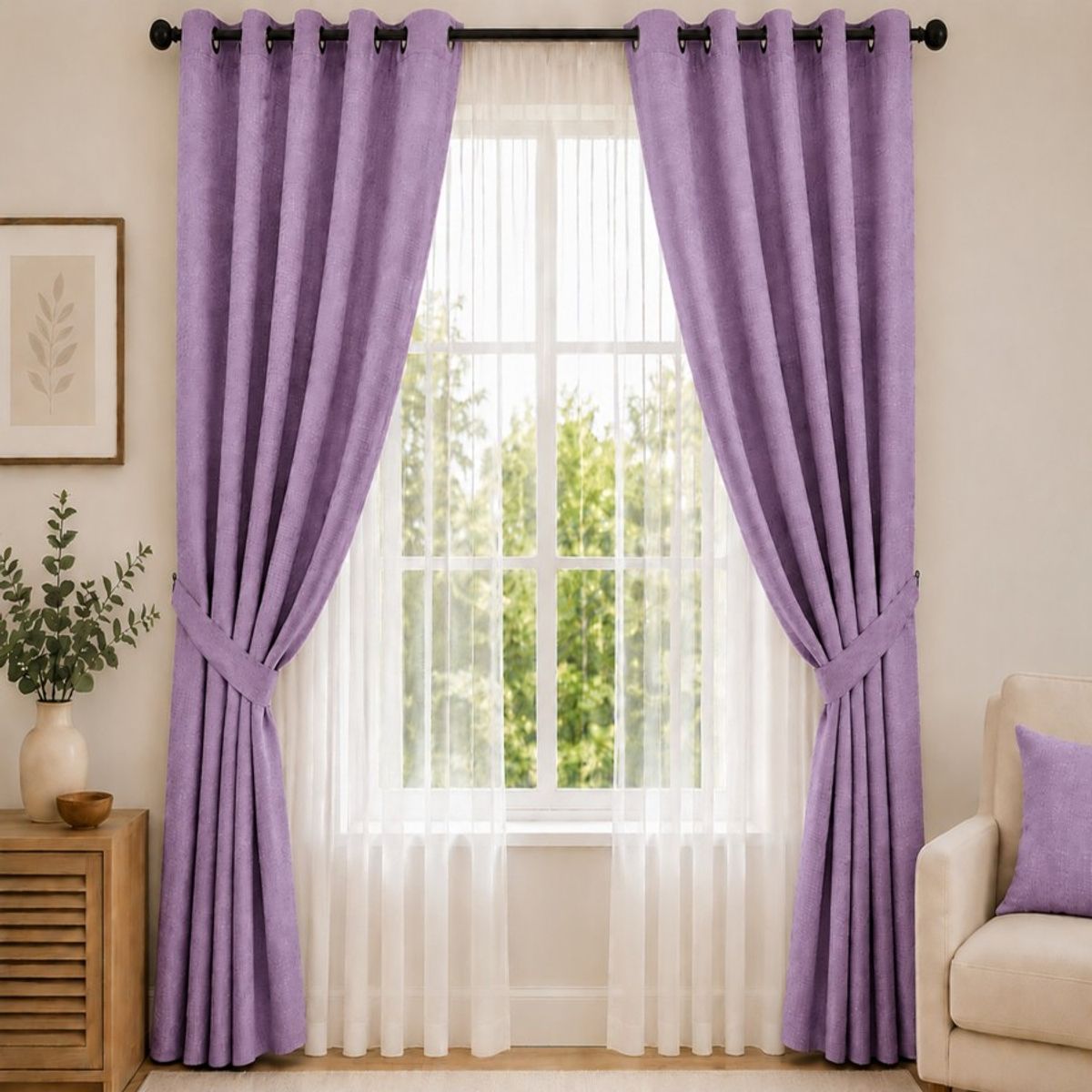 GENERICO - Cortina Gruesa de Lino Bambu 2 paños 1.45m x 2.20m lila