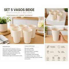 GENERICO - Set 5 Vasos Beige Reutilizables Estilo Minimalista – Vasos Multiuso para Hogar y Cocina