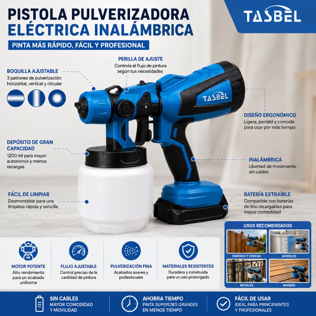 TASBEL - Pistola Pulverizador De Pintura Inalambrico 2 Baterías 98v Azul Petróleo