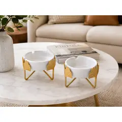 GENERICO - Set 2 Ceniceros Decorativos de Cerámica Blanca con Base Dorada – Diseño Hojas Ginkgo Premium