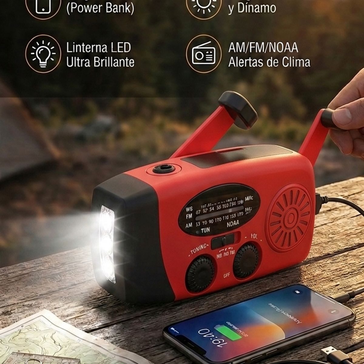GENERICO - Radio Solar De Emergencia Con Manivela Y Linterna 3 Led 2000mah