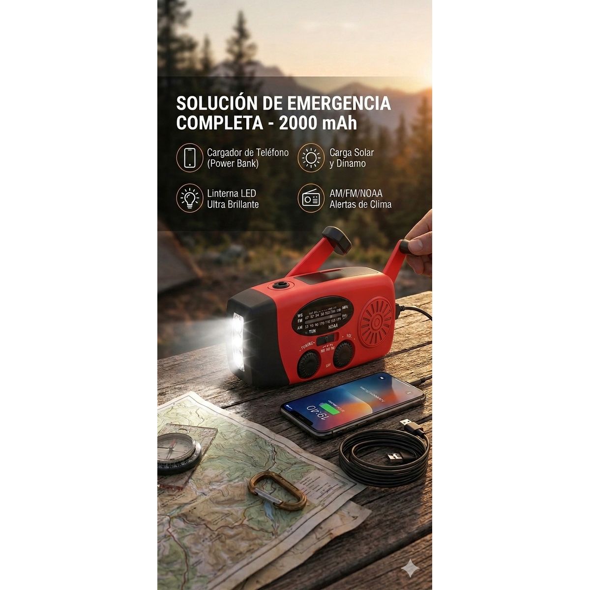 GENERICO - Radio Solar De Emergencia Con Manivela Y Linterna 3 Led 2000mah
