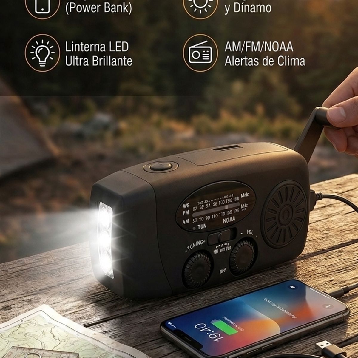 GENERICO - Radio Solar De Emergencia Con Manivela Y Linterna 3 Led 2000mah