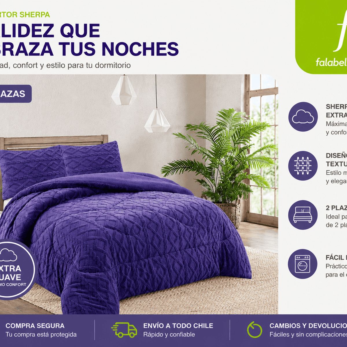 GENERICO - Plumón Sherpa Plush Morado 2 Plazas Ultra Suave  Abrigo Invierno Premium con Diseño Trenzado