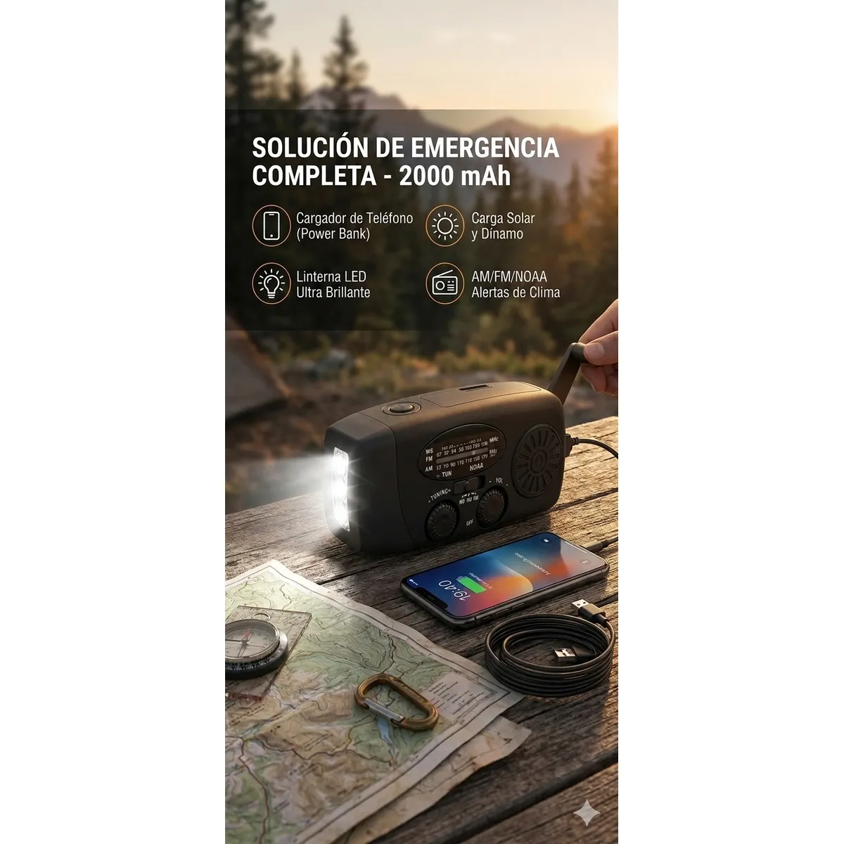 GENERICO - Radio Solar De Emergencia Con Manivela Y Linterna 3 Led 2000mah negro