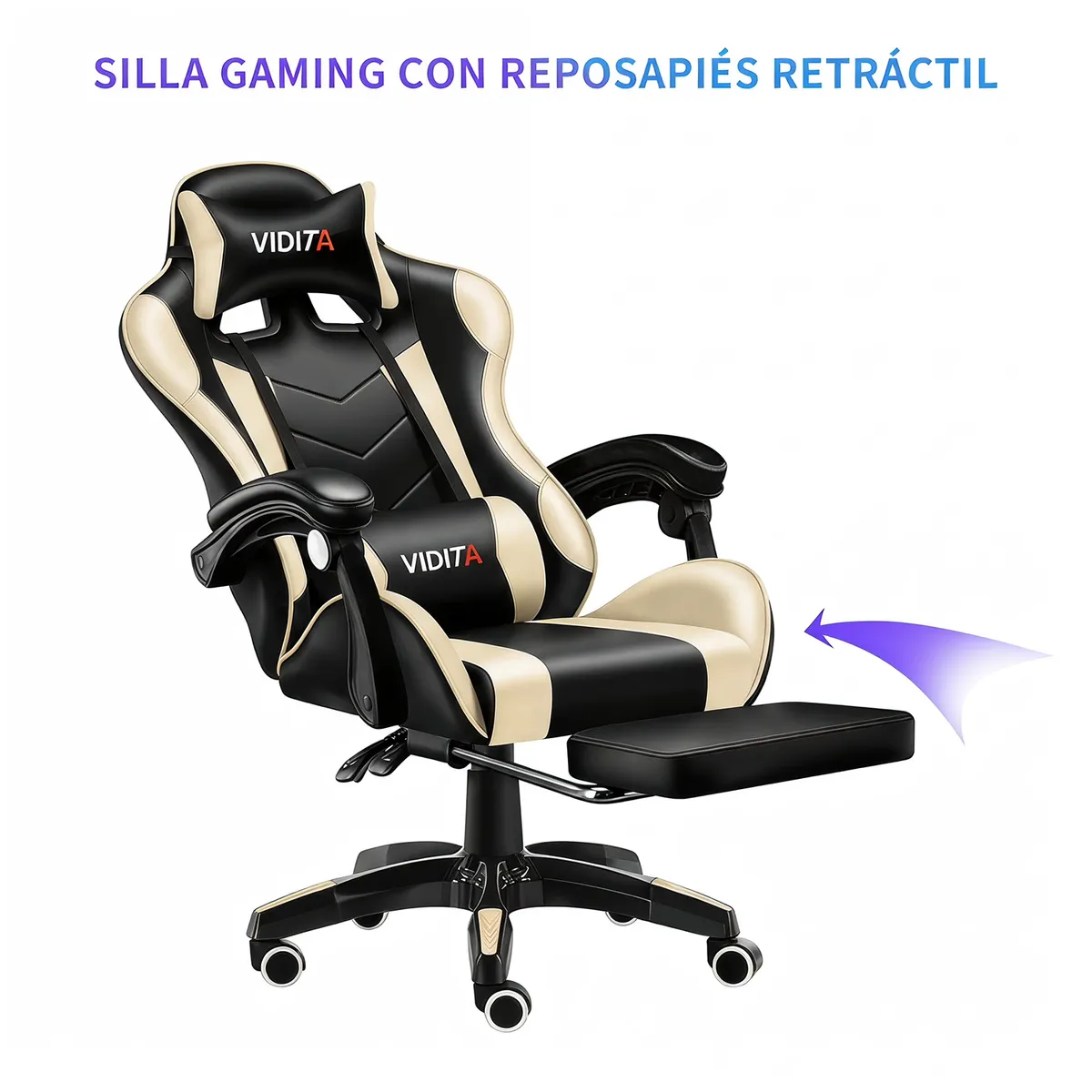 VIDITA - Silla Gamer GX2000 Reclinable Profesional con Reposapiés-Beige