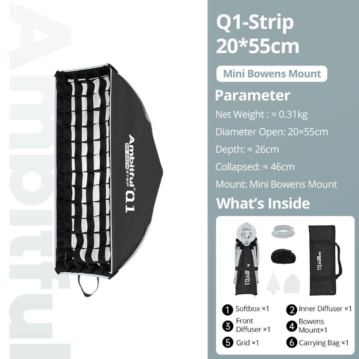 AMBITFUL - AMBITFUL Q1 de 20 x 55cm con rejilla Mini Bowens Mount Softbox para Yongnuo YN150 Nanlite Forza60