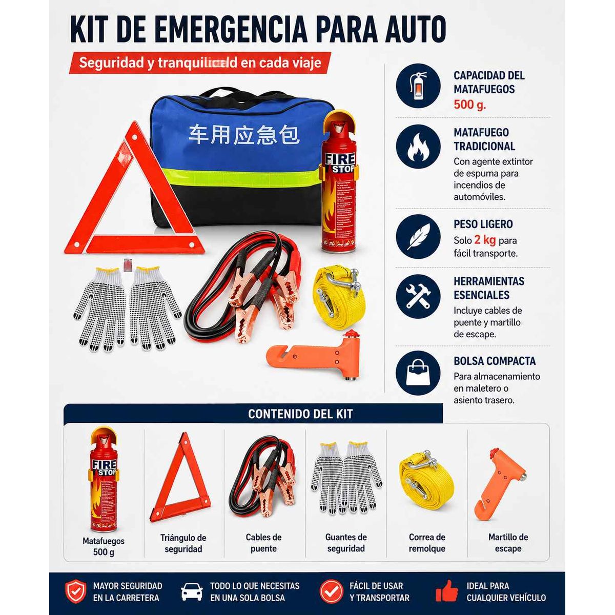 GENERICO - Kit De Seguridad Vial Set Emergencia Para Auto Con Extintor