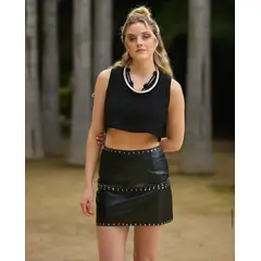 GENERAL - Falda Mini Ecocuero Negra con Tachas - Luna Boutique
